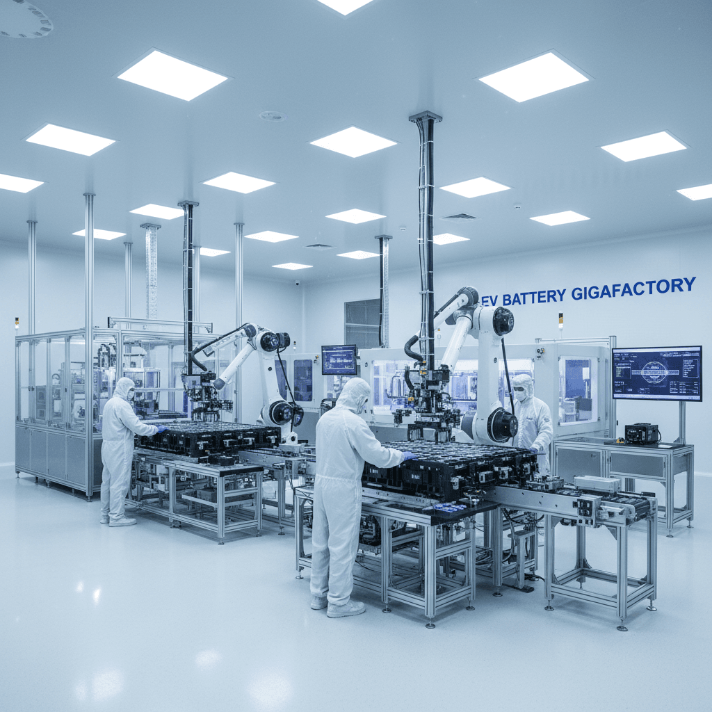 EV battery factory clean room showing controlled manufacturing environment