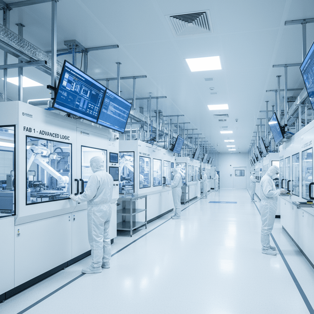 Semiconductor manufacturing plant interior with precision equipment
