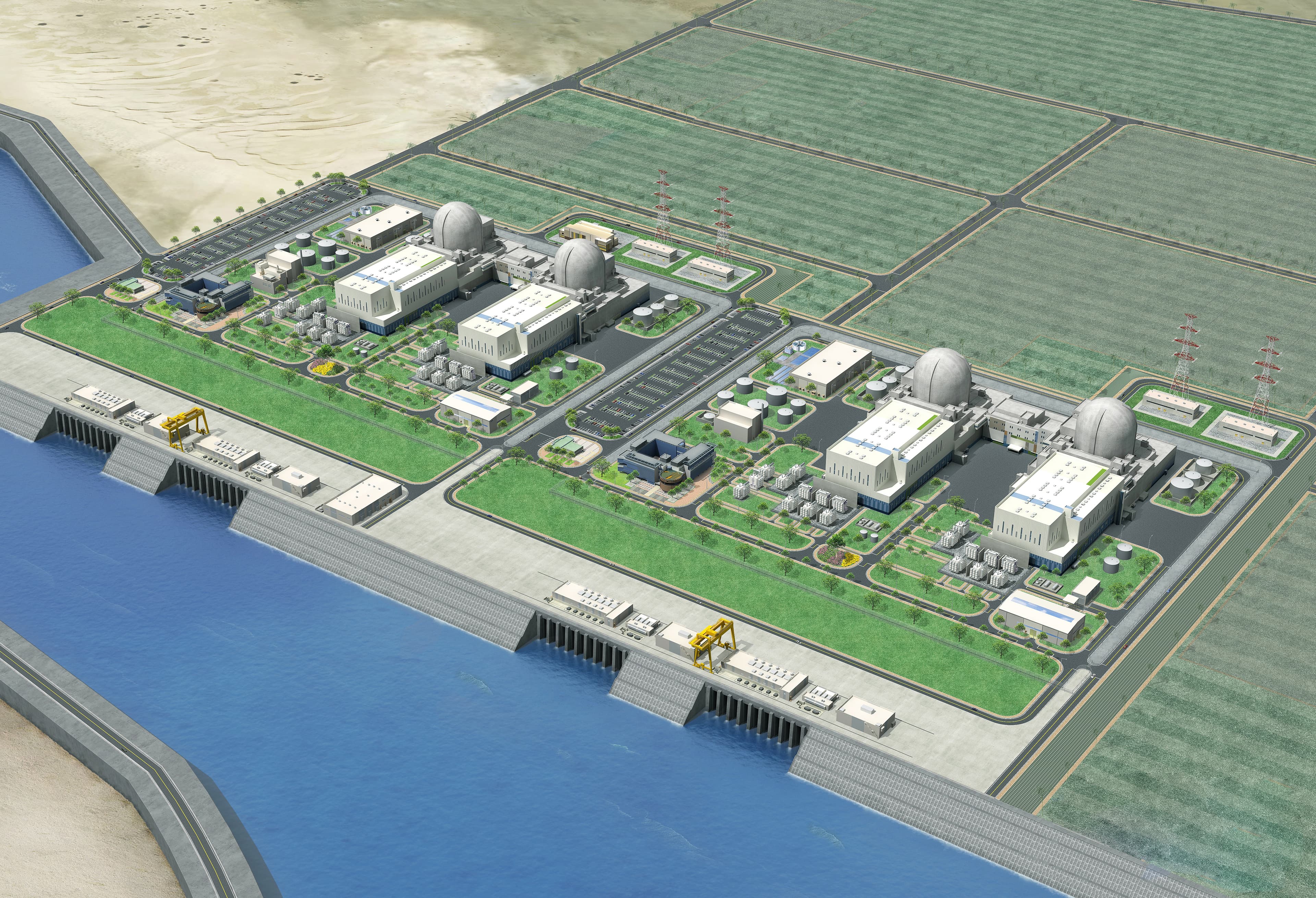 Aerial 3D rendering of a nuclear power plant with four reactor domes beside a waterway.