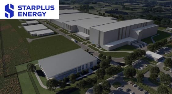 Aerial rendering of the StarPlus Energy industrial complex featuring large white buildings and parking areas.