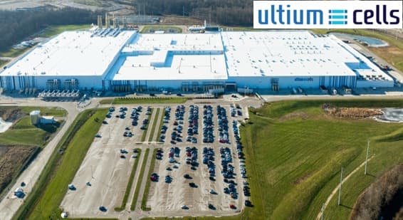 Aerial view of the large white Ultium Cells battery manufacturing plant and parking lot.