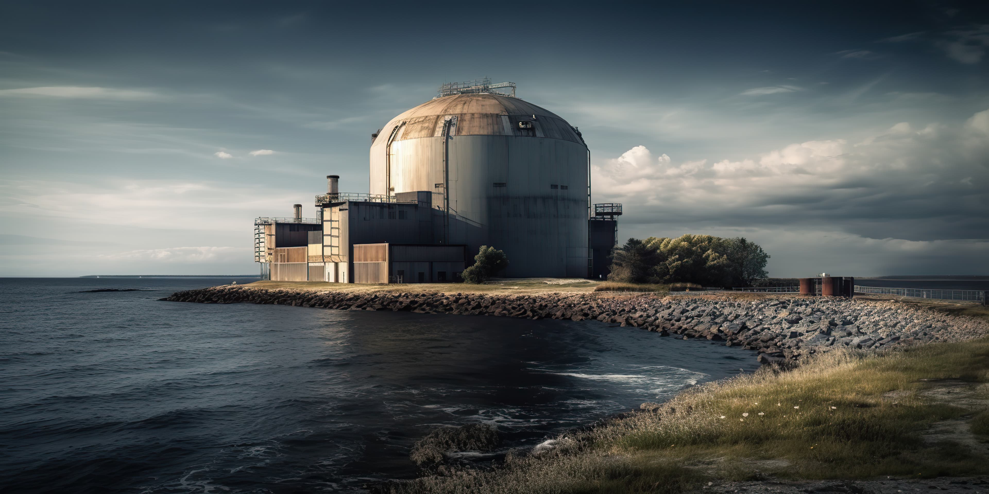 A large domed industrial facility on a rocky coastline under a dark, dramatic sky.